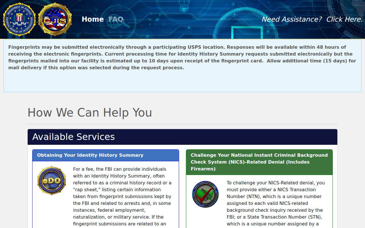 FBI electronic identity history ordering for Camden County residents